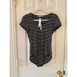 Little Black Bodysuit Enia Scoop Neck‎ Striped Knit Bodysuit Black M NWT